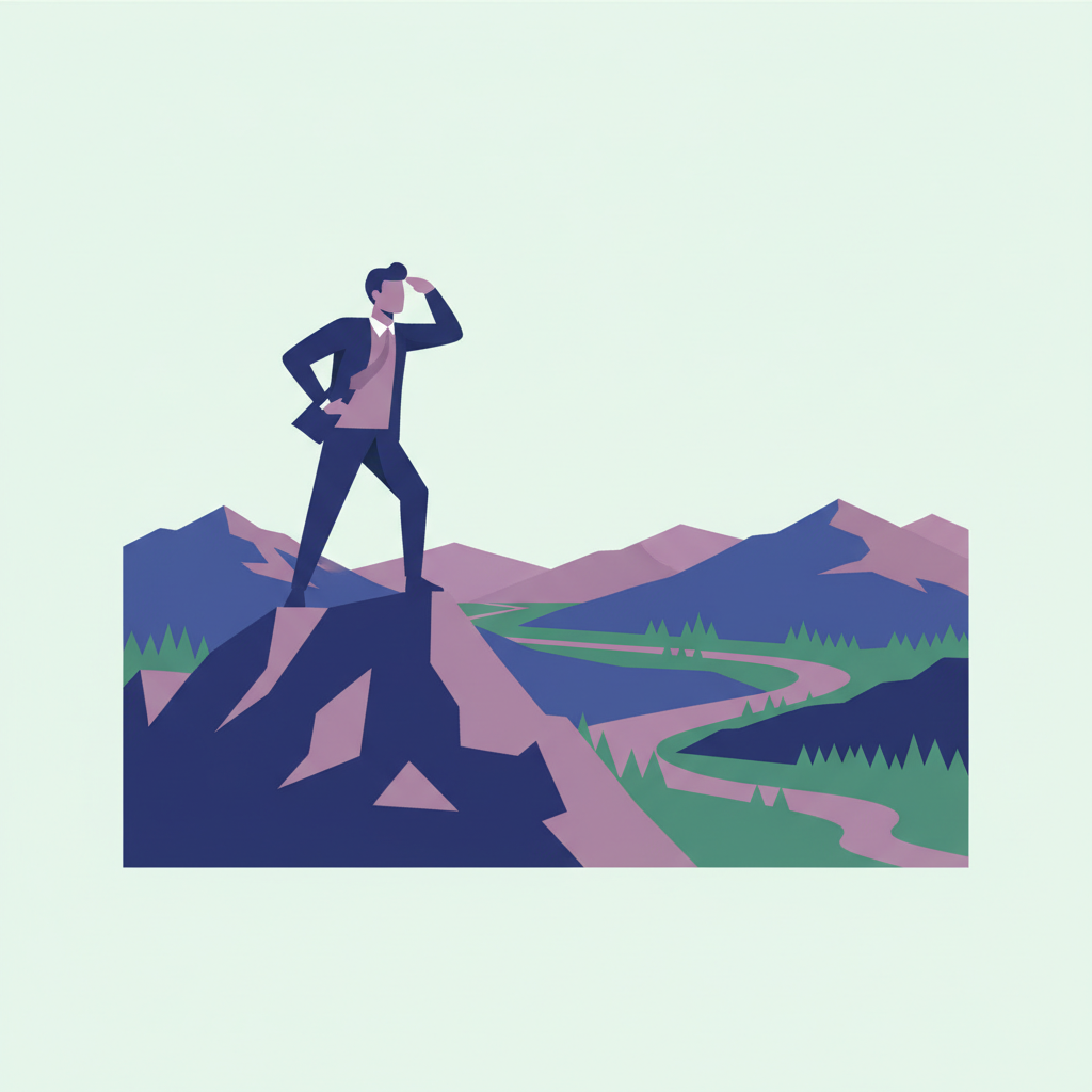 A founder standing on a mountaintop, looking out over the horizon with purpose and vision.